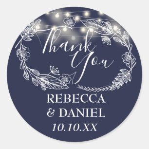 Navy Blue String Lights Floral Thank You Classic Round Sticker