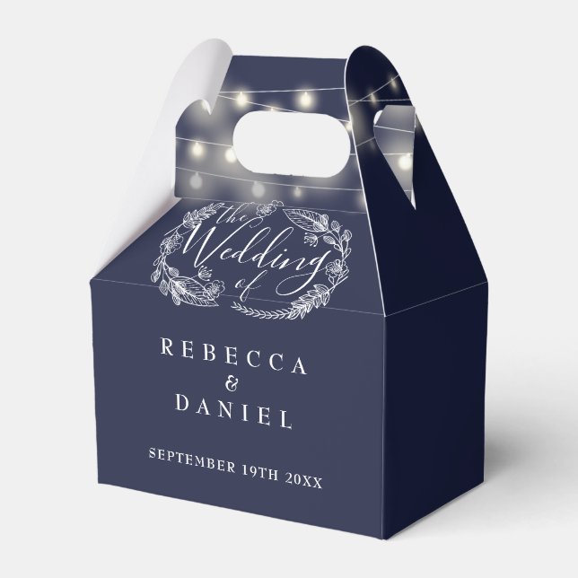 Navy Blue String Lights Floral Wedding Favour Box (Front Side)