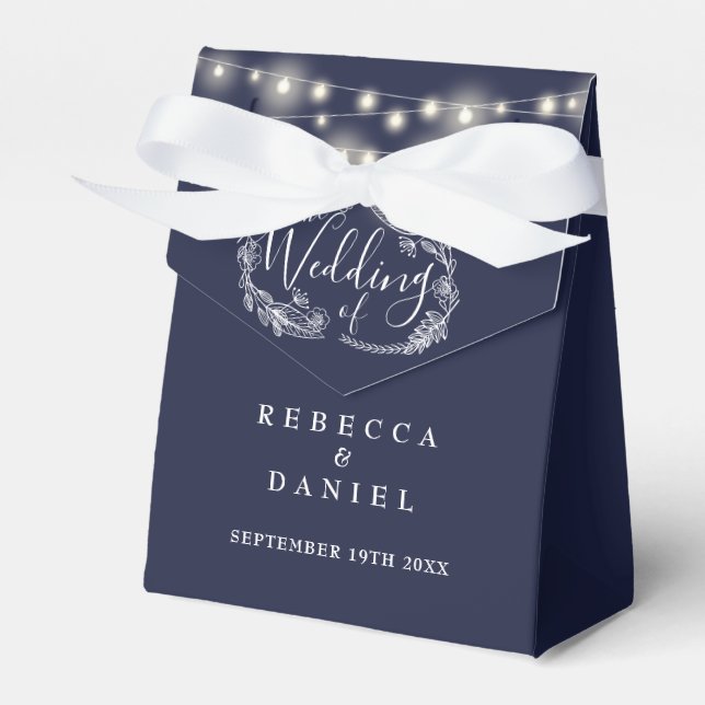 Navy Blue String Lights Floral Wedding Favour Box (Front Side)