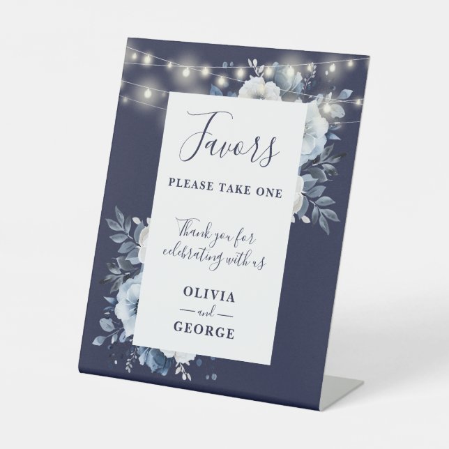 Navy Blue String Lights Floral Wedding Favours Pedestal Sign (Front)