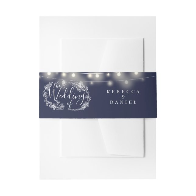 Navy Blue String Lights Floral Wedding Invitation Belly Band (Front Example)