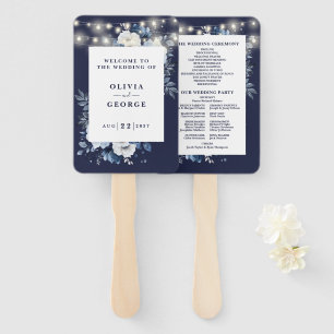 Navy Blue String Lights Floral Wedding Program Hand Fan