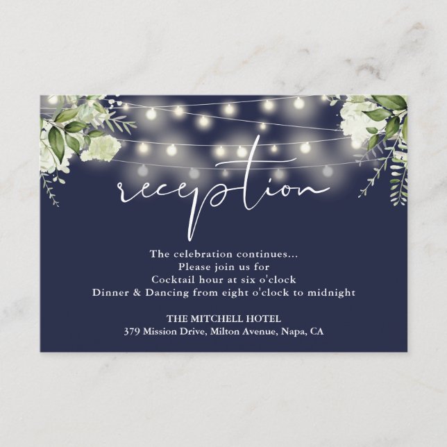 Navy Blue String Lights Floral Wedding Reception Enclosure Card (Front)