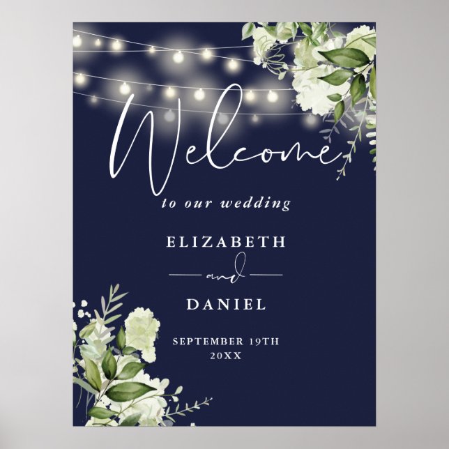 Navy Blue String Lights Floral Wedding Welcome Poster (Front)