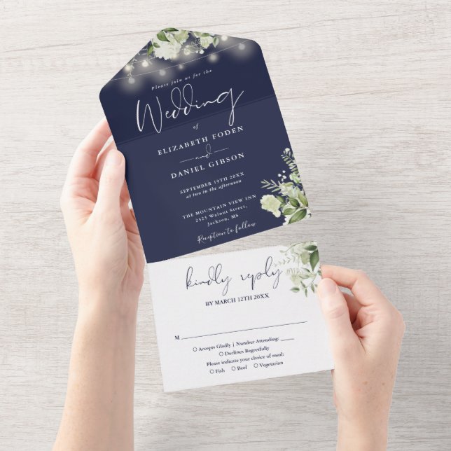 Navy Blue String Lights Greenery Monogram Wedding All In One Invitation (Tearaway)