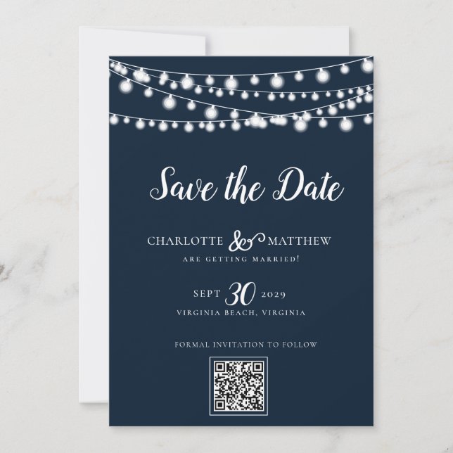 Navy Blue  String Lights Modern Script Save the Date (Front)