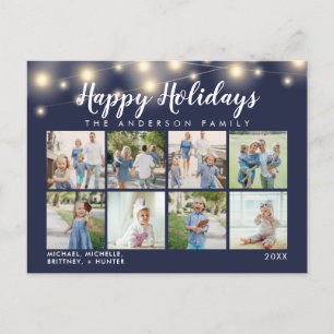 Navy Blue String Lights Photo Collage Holiday Postcard