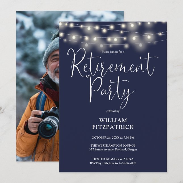 Navy Blue String Lights Photo Retirement Party Invitation (Front/Back)