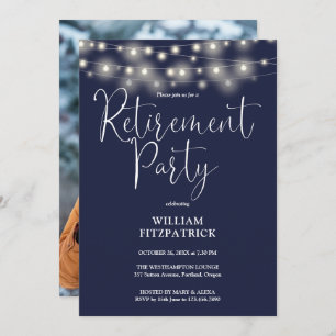Navy Blue String Lights Photo Retirement Party Invitation