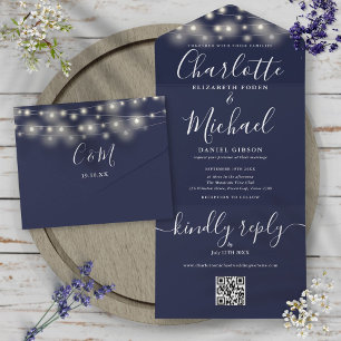 Navy Blue String Lights QR Code Monogram Wedding  All In One Invitation