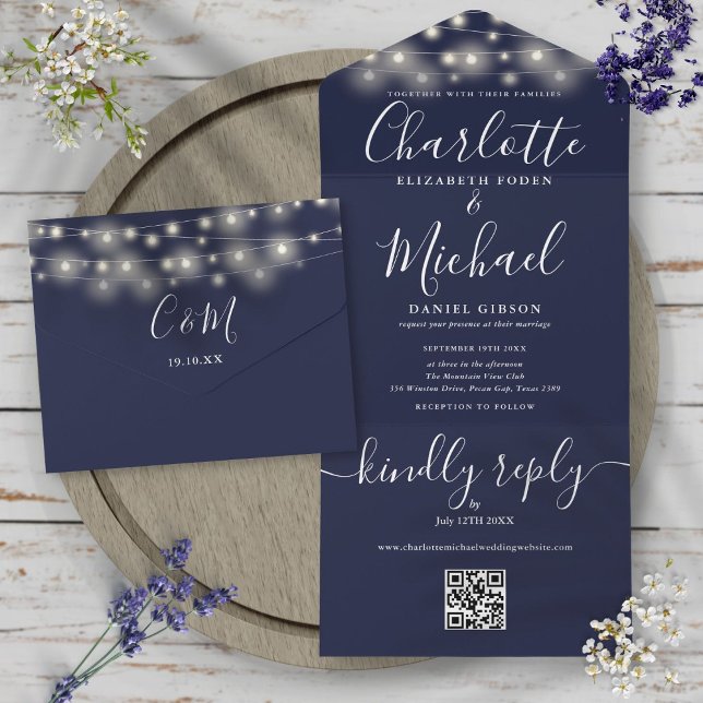 Navy Blue String Lights QR Code Monogram Wedding  All In One Invitation (Navy Blue String Lights QR Code Monogram Wedding All In One Invitation)