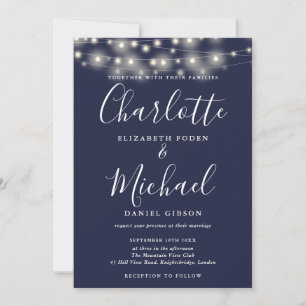 Navy Blue String Lights Script Photo Wedding  Invitation