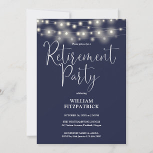 Navy Blue String Lights Script Retirement Party Invitation
