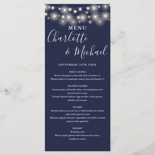 Navy Blue String Lights Signature Wedding Menu (Front)