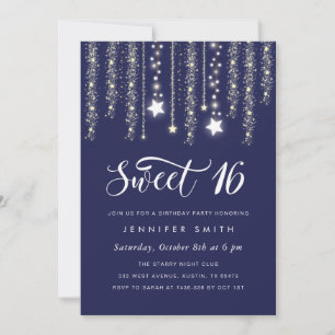 Navy Blue String Lights Sweet 16 Invitation