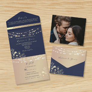 Navy Blue String Lights Wedding All In One Invitation