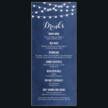 Navy Blue String Lights Wedding Drink Menu Card<br><div class="desc">Chic modern summer wedding beverage menu card design with simple elegant glowing string lights hanging across the top and a classy mix of modern and calligraphy script fonts on a printed faux watercolor texture background. A simple and stylish preppy design, perfect for summer! Click the CUSTOMIZE IT button to customise...</div>