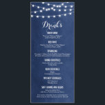 Navy Blue String Lights Wedding Drink Menu Card<br><div class="desc">Chic modern summer wedding beverage menu card design with simple elegant glowing string lights hanging across the top and a classy mix of modern and calligraphy script fonts on a printed faux watercolor texture background. A simple and stylish preppy design, perfect for summer! Click the CUSTOMIZE IT button to customise...</div>