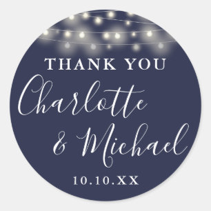 Navy Blue String Lights Wedding Favour Thank You  Classic Round Sticker