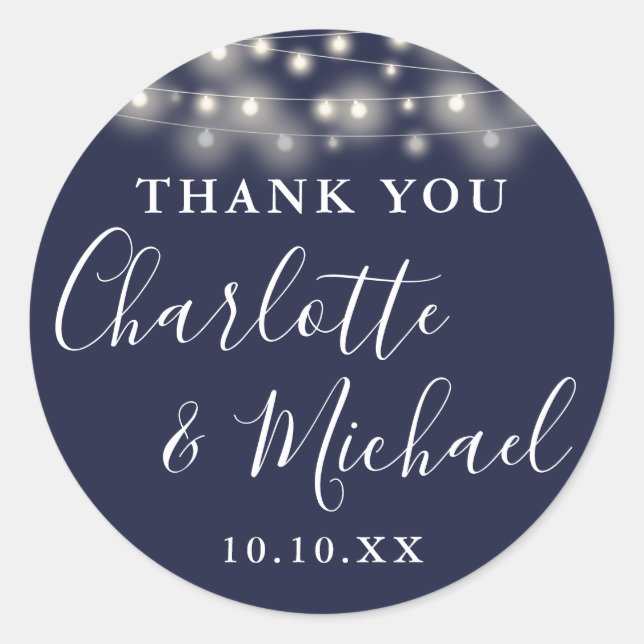 Navy Blue String Lights Wedding Favour Thank You  Classic Round Sticker (Front)