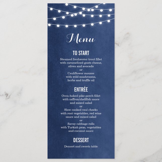 Navy Blue String Lights Wedding Menu Card (Front)