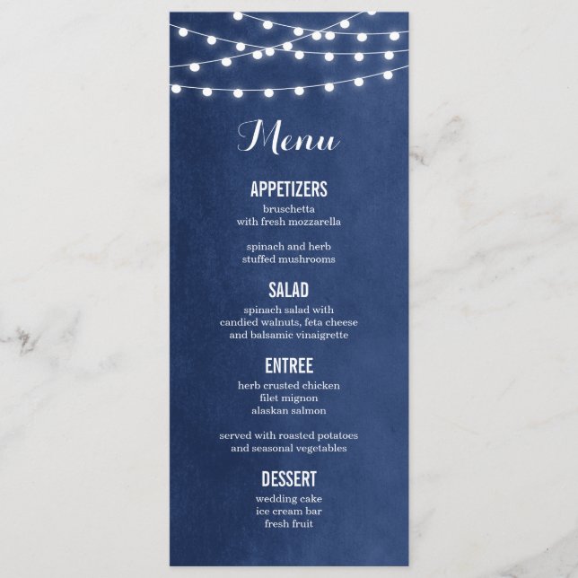 Navy Blue String Lights Wedding Menu Card (Front)