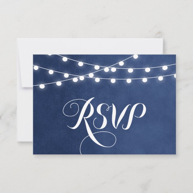 Navy Blue String Lights Wedding RSVP Card (Front)