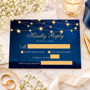 Navy Blue String Lights Wedding RSVP Card
