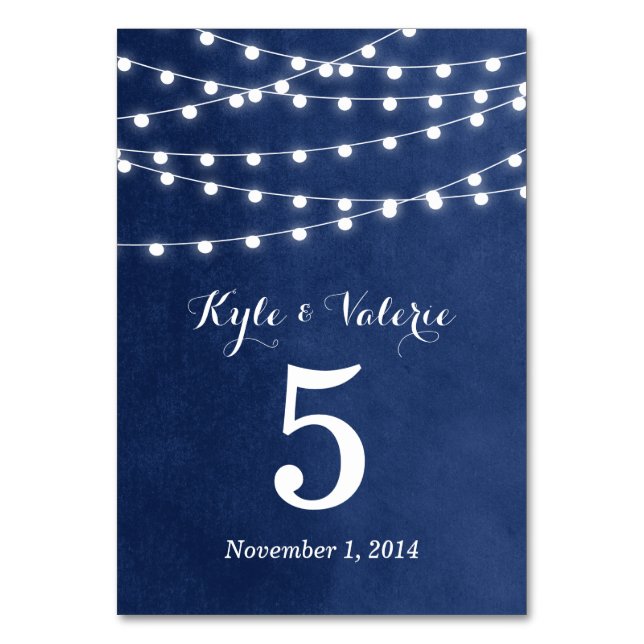 Navy Blue String Lights Wedding Table Numbers (Front)