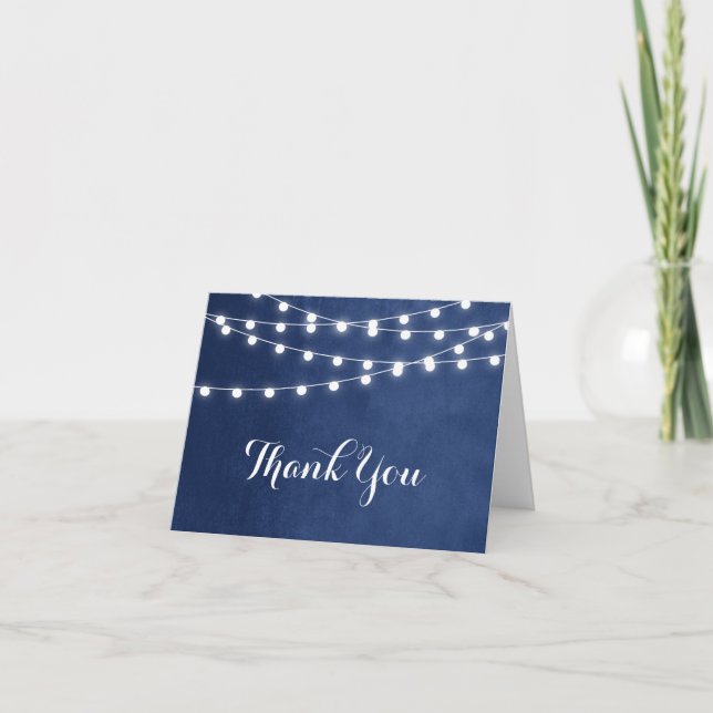 Navy Blue String Lights Wedding Thank You Card (Front)