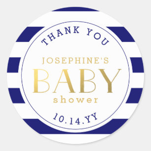 Navy Blue Stripe and Faux Gold Baby Shower Classic Round Sticker