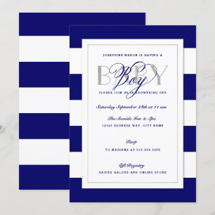 Navy Blue Stripe Baby Boy Shower Faux Silver Invitation