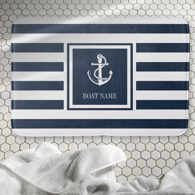 Navy Blue Stripe Boat Name Nautical Anchor Bath Mat (Navy Blue Stripe Boat Name Nautical Anchor Bath Mat)