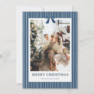 Navy Blue Stripe Bow Christmas Photo Holiday Card