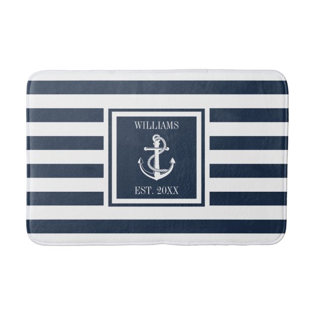 Navy Blue Stripe Family Name Nautical Anchor Bath Mat (Front)