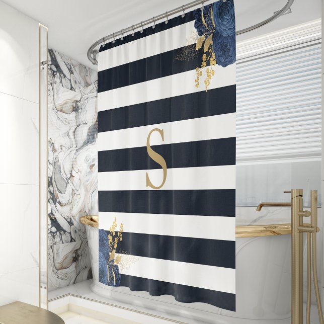  Navy Blue Stripe Floral Gold Monogram  Shower Curtain (Creator Uploaded)