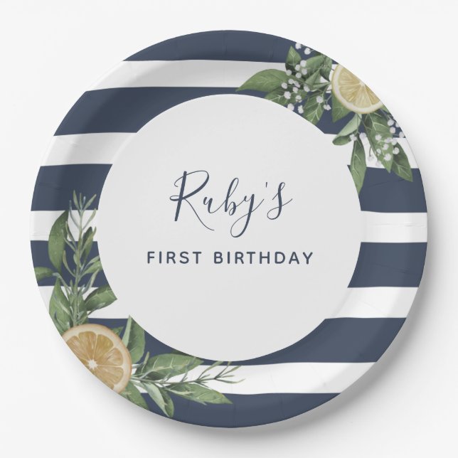 Navy Blue Stripe Lemon Citrus First Birthday Party Paper Plate (Front)