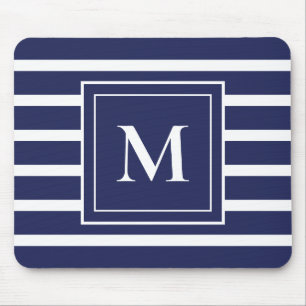 Navy Blue Stripe Modern Monogram Coastal Beach Mouse Mat