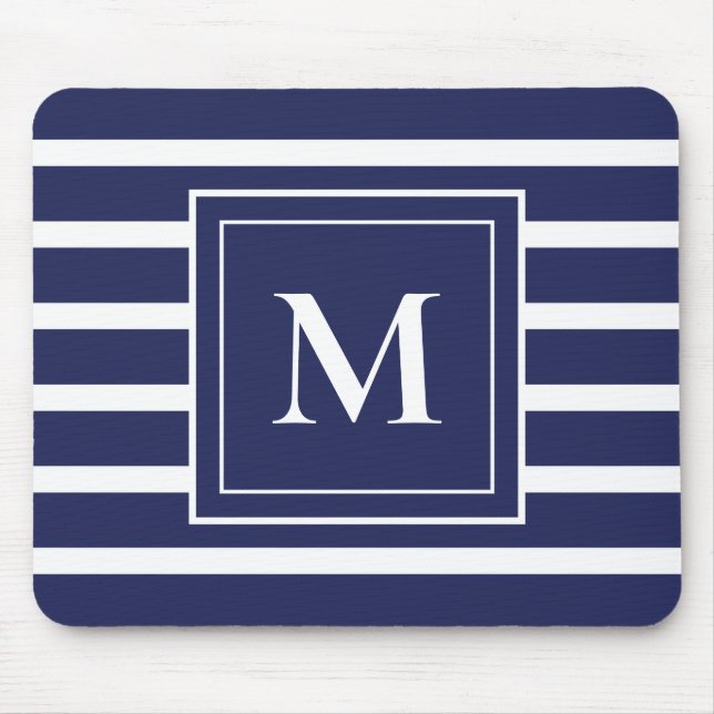 Navy Blue Stripe Modern Monogram Coastal Beach Mouse Mat (Front)