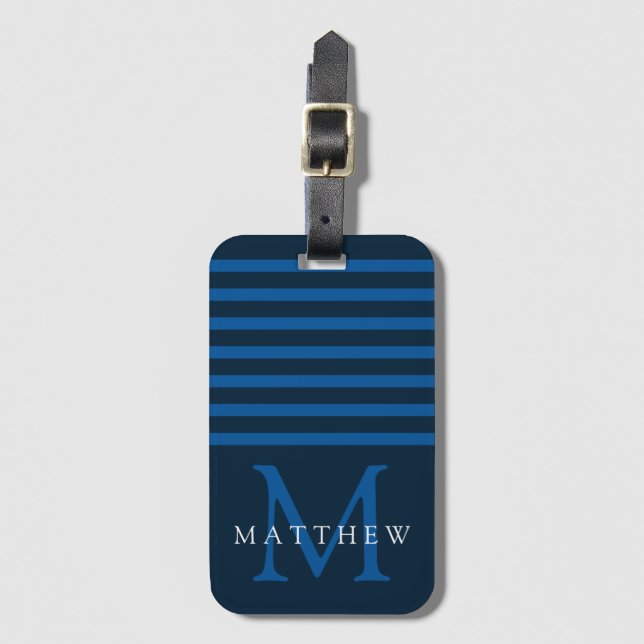 Navy Blue Stripe Monogram Masculine Luggage Tag (Front Vertical)