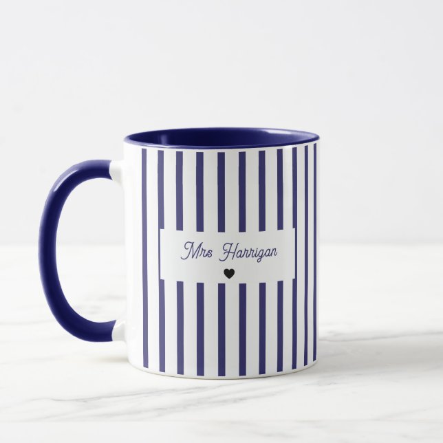 Navy Blue Stripe Monogram Mug (Left)