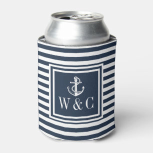 Navy Blue Stripe Nautical Anchor Monogram Can Cooler