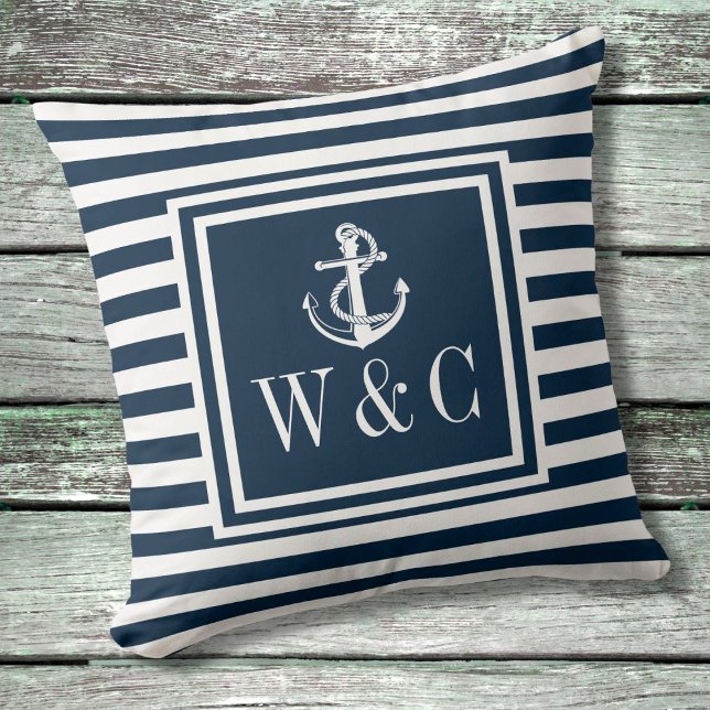 Navy Blue Stripe Nautical Anchor Monogram Cushion (Creator Uploaded)