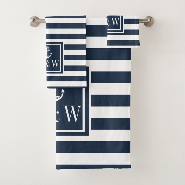 Navy Blue Stripe Nautical Anchor Monogram Initials Bath Towel Set (Insitu)