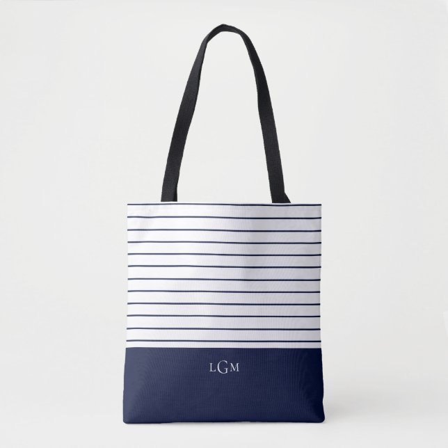 Navy Blue Stripe Pattern Monogram Tote Bag (Front)