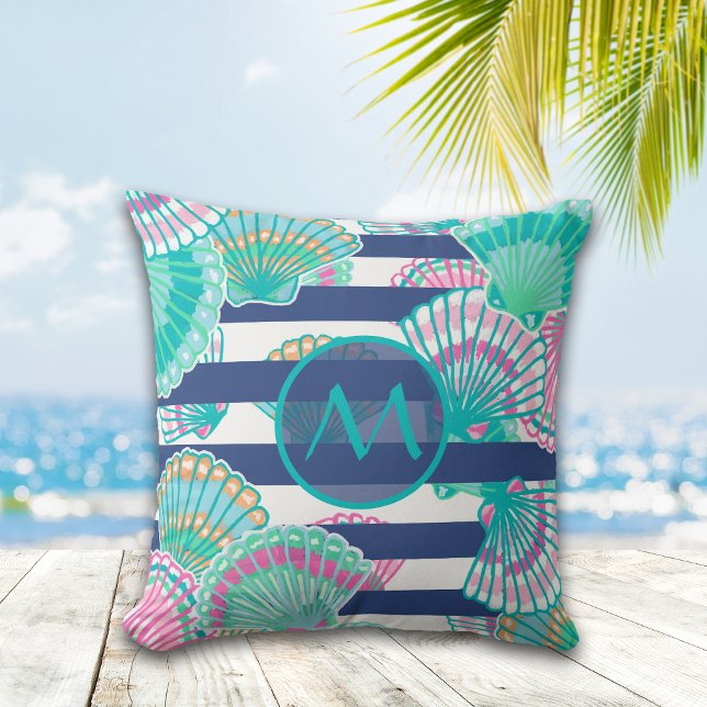 Navy Blue Stripe Seashell Monogram Cushion (Creator Uploaded)