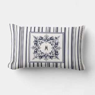 Navy Blue Stripe Vintage Label and Monogram Lumbar Cushion