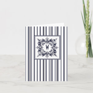 Navy Blue Stripe Vintage Label and Monogram Note Card