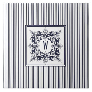 Navy Blue Stripe Vintage Label and Monogram Tile
