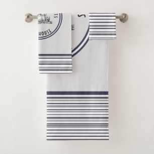 Navy Blue Stripe Vintage Label and Name Bath Towel Set